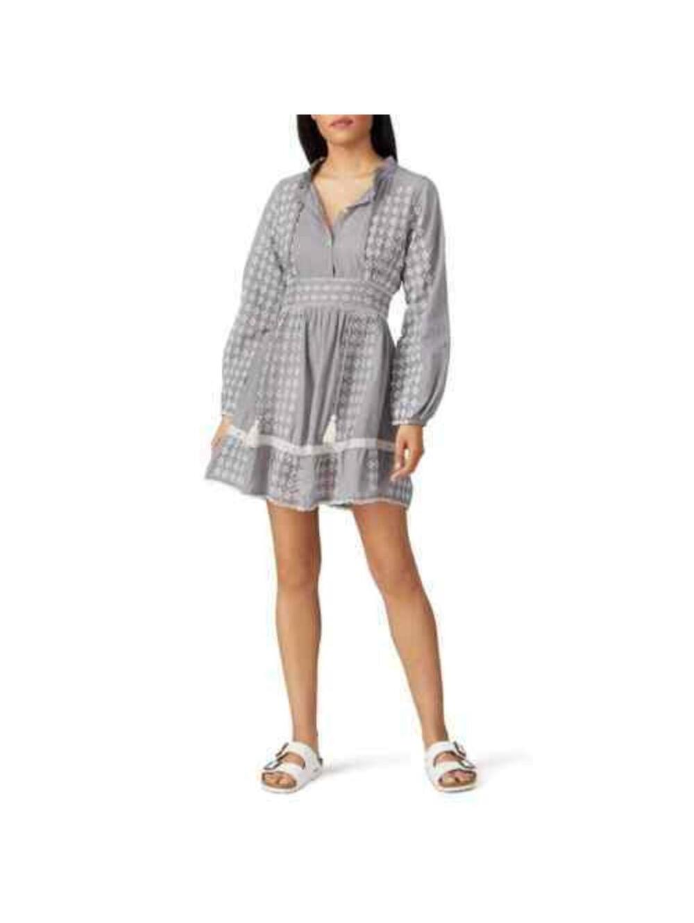 3388 Area Stars Tia Dress Embroidered Long Sleeve Tasseled Button grey sz XS